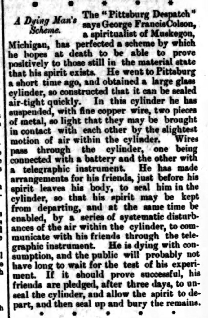 Clipping of news article "A Dying Man's Scheme" from Wishaw Press, November 17th, 1894